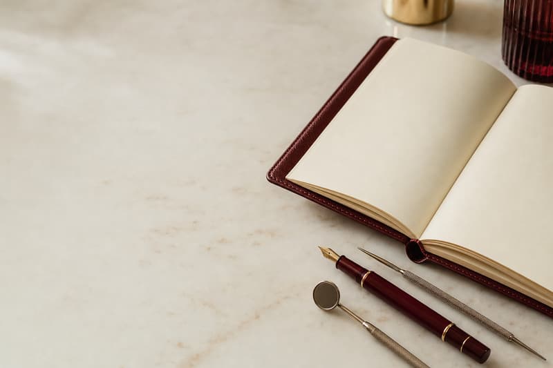 Caderno aberto com páginas em branco, caneta-tinteiro e espelho odontológico sobre mesa de mármore claro