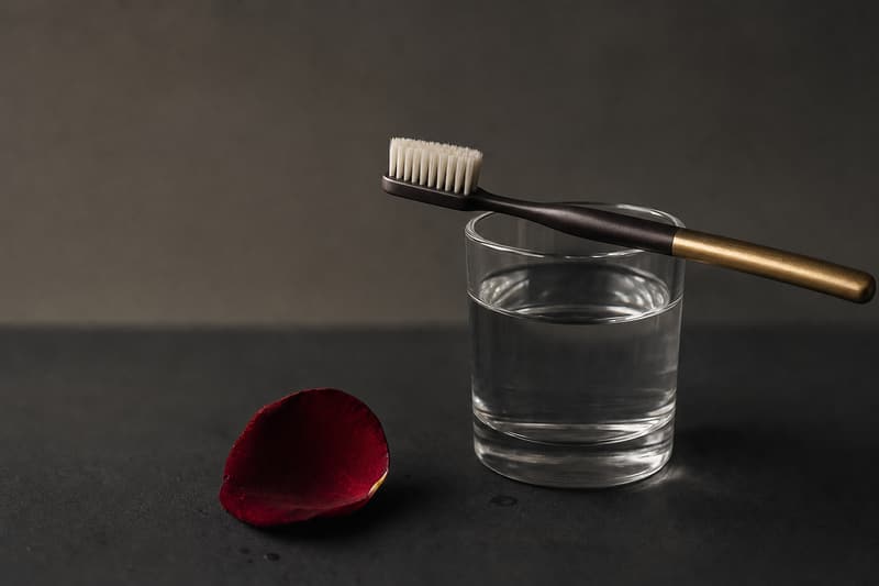 Escova de dentes macia apoiada em um copo de água, com uma pétala de rosa bordô ao lado
